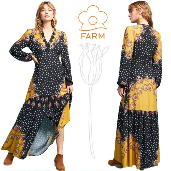 FARM Rio Dresses & Skirts - Farm Rio X Anthropologie Floral Blocked Long Sleeve Maxi Dress